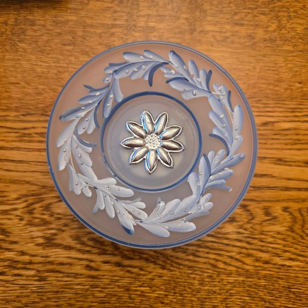Blue Floral Pelino Sulmona Frosted Glass Jewelry Trinket Dish Pedestal Italy‎